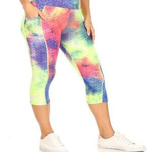 Women Tie Dye Textured Lifting & Sculpting Capri Leggings w/Pockets S/M & L/XL